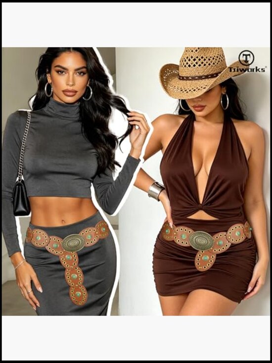 Wide Cowgirl Disc Belt with Turquoise Concho PU Leather Western Belt